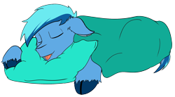 Size: 1792x990 | Tagged: safe, artist:ylpmis, oc, oc only, oc:umami stale, :p, blanket, pillow, silly, simple background, sleeping, solo, tongue out, transparent background