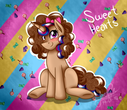 Size: 1450x1250 | Tagged: safe, artist:jack-pie, oc, oc only, oc:sweet hearts, pony, unicorn, commission, signature, sitting, solo