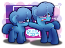 Size: 2986x2225 | Tagged: safe, artist:bubbly-storm, derpibooru import, spring rain, pony, unicorn, my little pony: the movie, boop, colt spring rain, female, filly spring rain, gameloft, gameloft shenanigans, impostor, inconsistency, male, rule 63, self ponidox, simple background, spring rain (male), spring rain is not amused, text bubbles, transparent background, unamused, watermark