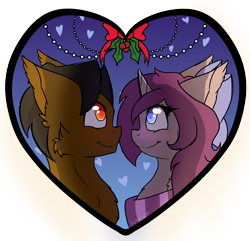 Size: 2700x2600 | Tagged: safe, artist:recat, derpibooru import, oc, oc only, oc:kraggera, oc:mochaswirl, earth pony, pony, unicorn, blushing, bow, christmas, clothes, digital art, female, hair bow, heart, high res, holly, holly mistaken for mistletoe, looking at each other, male, mare, mochagera, oc x oc, scarf, shipping, signature, smiling, stallion, straight, ych result