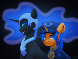 Size: 1430x1080 | Tagged: safe, artist:wingell, derpibooru import, nightmare moon, oc, oc:eissen, alicorn, pony, unicorn, black background, braid, ethereal mane, goggles, hat, simple background, sombra eyes, starry mane, tongue out, ych result