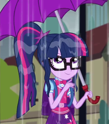 Size: 950x1080 | Tagged: safe, derpibooru import, screencap, sci-twi, twilight sparkle, eqg summertime shorts, equestria girls, monday blues, backpack, clothes, cropped, cute, geode of telekinesis, glasses, looking up, magical geodes, ponytail, smiling, solo, twiabetes, umbrella, wet hair