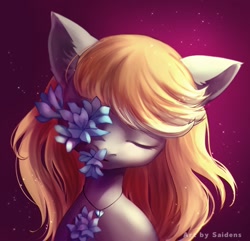 Size: 1282x1238 | Tagged: safe, artist:saidens, derpibooru import, oc, oc only, oc:silver hush, earth pony, pony, blonde, blonde mane, bust, digital art, ear fluff, eyes closed, female, flower, gradient background, head tilt, jewelry, mare, necklace, portrait, signature, solo, ych result