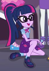 Size: 451x661 | Tagged: safe, derpibooru import, screencap, pinkie pie, rarity, sci-twi, twilight sparkle, better together, equestria girls, forgotten friendship, clothes, cropped, female, geode of telekinesis, glasses, magical geodes, ponytail, shoes, smiling