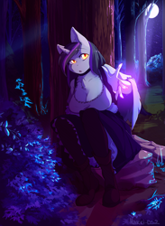 Size: 2200x3000 | Tagged: safe, artist:hakkids2, derpibooru import, oc, oc only, anthro, unicorn, anthro oc, boots, clothes, female, forest, moon, open mouth, shoes, sitting, solo