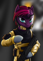 Size: 1960x2776 | Tagged: safe, artist:koshakevich, derpibooru import, tempest shadow, pony, unicorn, bipedal, broken horn, clothes, crossover, eye scar, female, finka, looking at you, mare, rainbow six siege, scar, solo, weapon