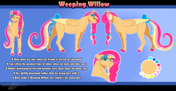 Size: 2025x1057 | Tagged: safe, artist:bijutsuyoukai, oc, oc only, oc:weeping willow, pegasus, pony, bow, colored wings, eyes closed, female, mare, multicolored wings, reference sheet, solo, tail bow