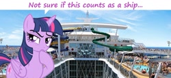 Size: 931x425 | Tagged: safe, derpibooru import, editor:leonidus, twilight sparkle, twilight sparkle (alicorn), alicorn, cruise ship, image macro, meme, reaction image, ship, solo, text, thinking