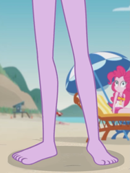 Size: 1589x2100 | Tagged: safe, derpibooru import, edit, edited screencap, screencap, pinkie pie, sci-twi, twilight sparkle, better together, equestria girls, friendship math, barefoot, beach, clothes, cropped, feet, legs, pictures of legs, sand, swimsuit