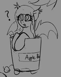 Size: 384x482 | Tagged: safe, artist:codras, oc, oc only, bat pony, pony, bat bucket, bucket, monochrome, question mark, sketch, solo