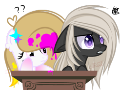 Size: 1023x763 | Tagged: safe, artist:snowbunny0820, oc, oc only, oc:jack, oc:spring splat, pony, base used, female, hair over one eye, male, mare, simple background, stallion, table, transparent background