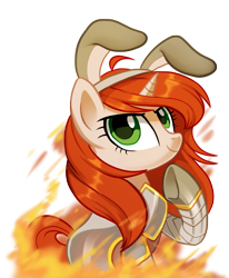 Size: 2733x3310 | Tagged: safe, artist:pepooni, derpibooru import, oc, oc:watch commander elia, pony, unicorn, armor, buck legacy, bunny ears, female, fire, green eyes, mare, orange hair, simple background, solo, transparent background