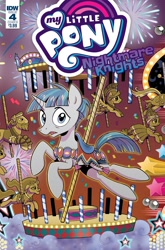 Size: 1054x1600 | Tagged: safe, artist:brendahickey, derpibooru import, idw, flash magnus, meadowbrook, mistmane, rockhoof, somnambula, star swirl the bearded, stygian, earth pony, pegasus, pony, unicorn, nightmare knights, spoiler:comic, spoiler:comicnightmareknights04, bondage, carousel, cover, fireworks, pillars of equestria, unsexy bondage