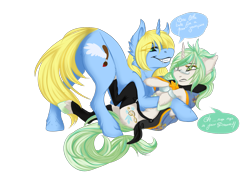 Size: 1383x991 | Tagged: safe, artist:requiem♥, derpibooru import, oc, oc only, oc:art's desire, oc:requiem, pony, undead, unicorn, vampire, vampony, anxious, blue fur, cheek fluff, clothes, commission, cutie mark, duo, ear fluff, fangs, female, glasses, green eyes, green hooves, green mane, hooves, horn, long mane, long tail, male, mantle, simple background, smiling, smirk, stars, straight, suspicious, transparent background, white fur, yellow hair, yellow mane