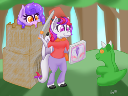 Size: 1000x757 | Tagged: safe, artist:luciusheart, derpibooru import, bat pony, dragon, cardboard box, cute, plushie, pretending