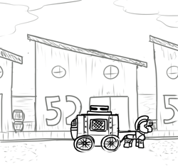 Size: 640x600 | Tagged: safe, artist:ficficponyfic, derpibooru import, armor, barrels, building, carriage, colt quest, cyoa, guard, helmet, monochrome, numbers, pony pulls the wagon, sidewalk, solo, story included, street, warehouse, wheel