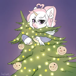 Size: 2000x2000 | Tagged: safe, artist:furrycrystal, derpibooru import, oc, oc only, pony, unicorn, christmas, christmas tree, clothes, digital art, female, gradient background, high res, holiday, looking at you, mare, signature, simple background, solo, sweater, tree, ych result