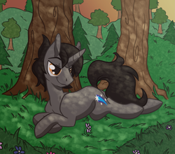 Size: 3109x2730 | Tagged: safe, artist:roy, oc, oc only, oc:shooting star, pony, forest, prone, smiling, solo, tree