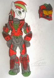 Size: 1456x2103 | Tagged: safe, oc, oc only, oc:ember sparks, pony, armor, halo (series), solo, spartan, traditional art