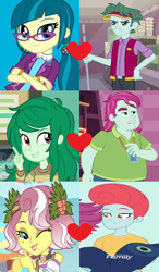 Size: 420x720 | Tagged: safe, derpibooru import, edit, edited screencap, screencap, brim marco, juniper montage, vignette valencia, wallflower blush, a fine line, better together, equestria girls, forgotten friendship, mirror magic, rollercoaster of friendship, spoiler:eqg specials, background human, crack shipping, female, heart, male, pearl pompadour, pilot pearl, reformed villain, shipping, shipping domino, straight, unnamed character, unnamed human