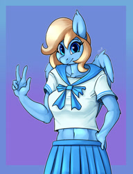 Size: 1000x1300 | Tagged: safe, artist:passigcamel, oc, oc only, anthro, pegasus, anthro oc, belly button, clothes, cute, female, looking at you, mare, midriff, peace sign, pleated skirt, sailor uniform, school uniform, skirt, smiling, wings