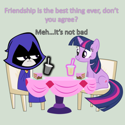 Size: 800x800 | Tagged: safe, twilight sparkle, cake, crossover, dialogue, drink, food, raven (teen titans), tara strong, teen titans go, voice actor joke