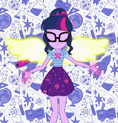 Size: 1035x1078 | Tagged: safe, derpibooru import, screencap, sci-twi, twilight sparkle, angel, better together, equestria girls, clothes, cropped, eyes closed, female, geode of telekinesis, glasses, glowing wings, intro, magical geodes, ponied up, ponytail, scitwilicorn, skirt, smiling, wings