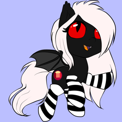 Size: 1818x1818 | Tagged: artist needed, source needed, safe, oc, oc only, oc:midnight ruby, bat pony, pony, clothes, cute, fangs, female, filly, open mouth, raised hoof, red eyes, red sclera, simple background, socks, solo, spread wings, striped socks