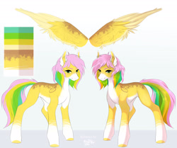 Size: 4185x3500 | Tagged: safe, artist:kindly-fox, derpibooru import, oc, oc only, pegasus, pony, amputee, digital art, ear fluff, female, freckles, high res, mare, multicolored hair, multicolored mane, multicolored tail, reference sheet, signature, smiling, solo, ych result