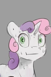 Size: 331x498 | Tagged: safe, artist:silfoe, derpibooru import, edit, sweetie belle, pony, unicorn, :t, cropped, female, filly, gray background, looking at you, poker face, polite cat, reaction image, simple background, solo, sweat, sweating profusely