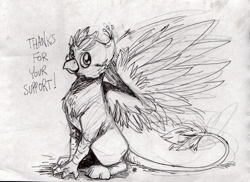 Size: 2355x1717 | Tagged: safe, artist:thekuto, derpibooru import, oc, oc only, oc:gyro feather, oc:gyro tech, griffon, griffonized, male, monochrome, sitting, solo, species swap, traditional art