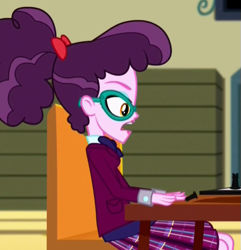 Size: 539x559 | Tagged: safe, screencap, varsity trim, eqg summertime shorts, equestria girls, steps of pep, background human, clothes, cropped, crystal prep academy uniform, glasses, school uniform, skirt, solo