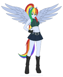 Size: 2444x2966 | Tagged: safe, artist:pyrus-leonidas, oc, oc only, oc:prism bolt, human, belly button, boots, clothes, cute, eared humanization, female, fingerless gloves, gloves, humanized, legs, midriff, miniskirt, offspring, parent:rainbow dash, parent:soarin', parents:soarindash, ponied up, pony coloring, shoes, short shirt, simple background, skirt, smiling, solo, tailed humanization, transparent background, winged humanization