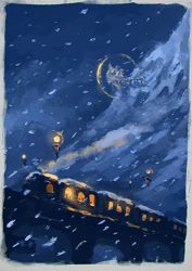 Size: 720x1018 | Tagged: safe, artist:plainoasis, pony, blizzard, canterlot, friendship express, mountain, night, railroad, scenery, silhouette, snow, snowfall, train