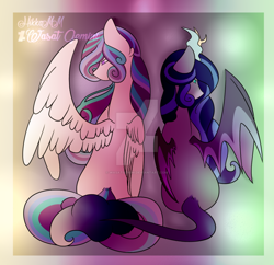 Size: 1024x993 | Tagged: safe, artist:wasatgemini, oc, oc only, oc:agnya, oc:sahas, pegasus, pony, bat wings, horns, sitting, watermark