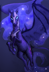 Size: 2263x3317 | Tagged: safe, artist:rimmes-broose, derpibooru import, nightmare moon, alicorn, bat pony, horse, pony, bat ponified, cutie mark, cyrillic, ethereal mane, female, glowing eyes, gradient background, helmet, jewelry, looking at you, mare, race swap, realistic, regalia, russian, solo, spread wings, starry mane, wings
