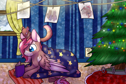 Size: 3000x2000 | Tagged: safe, artist:cloureed, oc, oc only, oc:ace, oc:strawberry breeze, pegasus, pony, book, christmas, christmas tree, holiday, mink, snow, tree