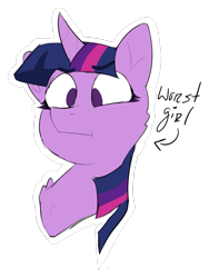 Size: 783x1039 | Tagged: safe, artist:fflaminlo, derpibooru import, twilight sparkle, pony, abuse, bust, faic, female, mare, op is a cuck, op is trying to start shit, simple background, solo, text, transparent background, twilybuse, worst pony