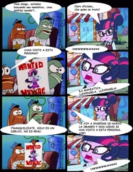 Size: 1620x2085 | Tagged: safe, artist:danielitamlp, midnight sparkle, sci-twi, twilight sparkle, equestria girls, friendship games, chibi, comic, cute, dialogue, hall monitor, midnightabetes, sci-twi's nightmare, spanish, spongebob squarepants, translated in the comments, wanted poster