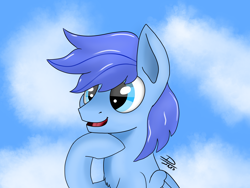 Size: 4056x3042 | Tagged: safe, artist:deejayarts, oc, oc only, oc:rainy visualz, pegasus, pony, blue background, cute, simple background, sky, solo, thinking