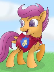 Size: 1024x1365 | Tagged: safe, artist:lavenderrain24, scootaloo, pegasus, pony, cape, clothes, cloud, cmc cape, female, filly, looking back, raised hoof, sky, smiling, solo, watermark