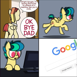 Size: 687x685 | Tagged: safe, derpibooru exclusive, edit, oc, oc only, oc:apogee, oc:jet stream, pegasus, pony, apogee discovers google, apojet, comic, computer, cute, eurobeat the meat, exploitable meme, female, filly, freckles, google, incognito mode, meme, meme template, motion blur, running in the 90s, speech, speech bubble