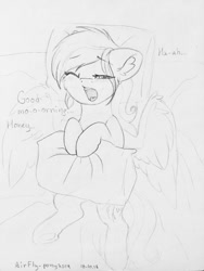 Size: 960x1280 | Tagged: safe, artist:airfly-pony, derpibooru import, oc, oc only, oc:scarlett drop, pegasus, pony, bed, cute, dialogue, female, lineart, looking at you, mare, morning ponies, pillow, rcf community, solo, traditional art, yawn