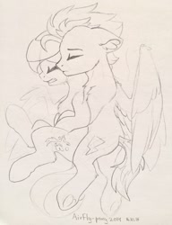 Size: 984x1280 | Tagged: safe, artist:airfly-pony, derpibooru import, oc, oc only, oc:scarlett drop, oc:wing hurricane, crying, cute, hug, lineart, rcf community, scarricane, shipping, traditional art