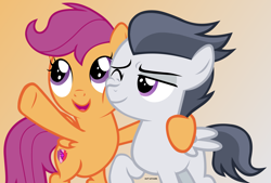 Size: 6107x4133 | Tagged: safe, artist:mandash1996, rumble, scootaloo, pegasus, pony, marks and recreation, absurd resolution, colt, cute, female, filly, looking offscreen, male, pointing, rumbloo, shipping, simple background, smiley face, straight, vector