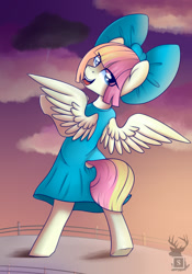 Size: 1280x1828 | Tagged: safe, artist:php97, derpibooru import, songbird serenade, pegasus, pony, my little pony: the movie, bipedal, bow, clothes, dress, female, mare, open mouth, smiling, solo