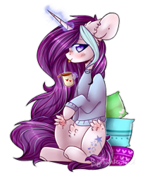 Size: 765x929 | Tagged: safe, artist:twinkepaint, oc, oc only, oc:magical brownie, pony, unicorn, clothes, coffee mug, female, glowing horn, magic, mare, mug, pillow, pubic fluff, simple background, solo, sweater, telekinesis, tongue out, transparent background