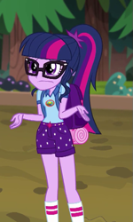 Size: 349x582 | Tagged: safe, derpibooru import, screencap, sci-twi, twilight sparkle, equestria girls, legend of everfree, camp everfree outfits, clothes, cropped, female, glasses, ponytail, shorts, shrug, socks, solo