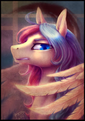 Size: 818x1157 | Tagged: safe, artist:begasus, oc, oc only, pegasus, pony, bust, feather, looking at you, male, portrait, profile, solo