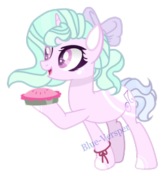 Size: 1024x1061 | Tagged: safe, artist:blue-versper, derpibooru import, oc, oc:nellie starlight, pony, unicorn, bow, female, food, hair bow, mare, pie, signature, simple background, solo, transparent background
